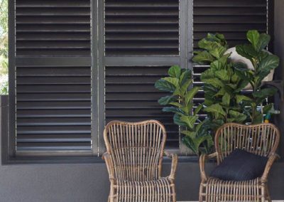 Dark Brown PlanDark Brown Plantation Shutters in Sitting Area - closedtation Shutters in Sitting Area