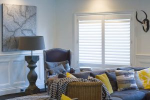 White Plantation Shutters in Lounge Room